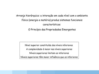 Arranjo hierárquico: a interação em cada nível com o ambiente
físico (energia e matéria) produz sistemas funcionais
característicos
O Princípio das Propriedades Emergentes
Nível superior constituída dos níveis inferiores
A complexidade é maior nos níveis superiores
Níveis superiores limitam os inferiores
Níveis superiores têm maior influência que os inferiores
 