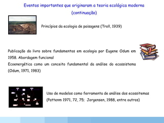 Princípios da ecologia de paisagens (Troll, 1939)
Publicação do livro sobre fundamentos em ecologia por Eugene Odum em
1958. Abordagem funcional
Ecoenergética como um conceito fundamental da análise do ecossistema
(Odum, 1971, 1983)
Uso de modelos como ferramenta de análise dos ecossitemas
(Pattenm 1971, 72, 75; Jorgensen, 1988, entre outros)
area
hare births hare deaths
hare
density
hare birth
f raction
ly nx
births
ly nx
deaths
lynx birth
f raction
Hares
Ly nx
~
hares killed
per ly nx
~ly nx death
fraction
one time ly nx harv estsize of 1 time
lynx harv est
Eventos importantes que originaram a teoria ecológica moderna
(continuação)
 