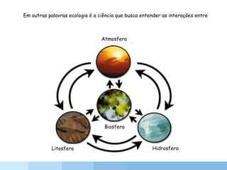 Atmosfera
HidrosferaLitosfera
Biosfera
Em outras palavras ecologia é a ciência que busca entender as interações entre
 