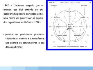 • plantas ou produtores primários
capturam a energia e a transferem
aos animais ou consumidores e aos
decompositores
1942 – Lindeman: sugeriu que a
energia que flui através de um
ecossistema poderia ser usada como
uma forma de quantificar os papéis
dos organismos na dinâmica trófica.
 