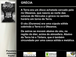 A Terra era um disco achatada cercado pelo
rio Okeanos, que nascia ao norte das
colunas de Hércules e girava no sentido
horário em torno da Terra.
O céu (Ouranos) era uma cúpula sólida
cobrindo a Terra e o Okeanos.
Os astros se movem abaixo do céu, na
região do éter, acima da atmosfera. Abaixo
da Terra há o Tártaro, que é também
circundado por uma casca sólida e metálica.
GRÉCIA
 