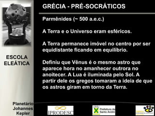 GRÉCIA - PRÉ-SOCRÁTICOS
Parmênides (~ 500 a.e.c.)
A Terra e o Universo eram esféricos.
A Terra permanece imóvel no centro por ser
equidistante ficando em equilíbrio.
Definiu que Vênus é o mesmo astro que
aparece hora no amanhecer outrora no
anoitecer. A Lua é iluminada pelo Sol. A
partir dele os gregos tomaram a ideia de que
os astros giram em torno da Terra.
ESCOLA
ELEÁTICA
 