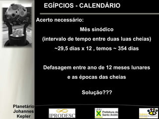 Acerto necessário:
Mês sinódico
(intervalo de tempo entre duas luas cheias)
~29,5 dias x 12 , temos ~ 354 dias
Defasagem entre ano de 12 meses lunares
e as épocas das cheias
Solução???
EGÍPCIOS - CALENDÁRIO
 