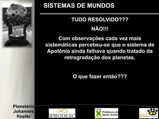 TUDO RESOLVIDO???
NÃO!!!
Com observações cada vez mais
sistemáticas percebeu-se que o sistema de
Apolônio ainda falhava quando tratado da
retrogradação dos planetas.
O que fazer então???
SISTEMAS DE MUNDOS
 