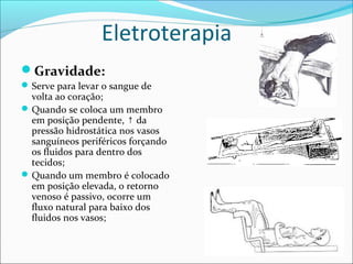 Eletroterapia
Gravidade:
Serve para levar o sangue de
volta ao coração;
Quando se coloca um membro
em posição pendente, da↑
pressão hidrostática nos vasos
sanguíneos periféricos forçando
os fluidos para dentro dos
tecidos;
Quando um membro é colocado
em posição elevada, o retorno
venoso é passivo, ocorre um
fluxo natural para baixo dos
fluidos nos vasos;
 