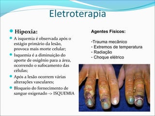 Eletroterapia
Hipoxia:
A isquemia é observada após o
estágio primário da lesão,
provoca mais morte celular;
Isquemia é a diminuição do
aporte de oxigênio para a área,
ocorrendo o sufocamento das
células;
Após a lesão ocorrem várias
alterações vasculares;
Bloqueio do fornecimento de
sangue oxigenado -> ISQUEMIA
Agentes Físicos:
-Trauma mecânico
- Extremos de temperatura
- Radiação
- Choque elétrico
 