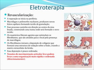 Eletroterapia
Revascularização:
 A reparação se inicia na periferia;
 Macrófagos e polimorfos nucleares, produzem novos
leitos capilares formando tecido de granulação;
 Esse processo caminha em direção ao centro da área
lesada, construindo uma trama onde será formado o novo
tecido;
 Os mastócitos liberam agentes que estimulam os
fibroblastos, que são atraídos para o local pela presença
de macrófagos;
 Os fibroblastos iniciam a deposição de colágeno que
formará uma estrutura de vedação sobre a lesão, criando a
matriz extracelular da ferida;
 Essa deposição é pouco ordenada;
 Tensões de movimentação articular leve podem
levar a uma organização mais rápida e ordenada
(direcionamento);
 