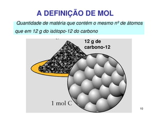 10
A DEFINIÇÃO DE MOL
12 g de
carbono-12
Quantidade de matéria que contém o mesmo nº de átomos
que em 12 g do isótopo-12 do carbono
 