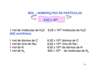 13
6,02 x 1023
1 mol de moléculas de H2O 6,02 x 1023 moléculas de H2O
(602 sextilhões)
1 mol de átomos de C 6,02 x 1023 átomos de C
1 mol de íons de Na+ 6,02 x 1023 íons de Na+
1 mol de N 6,02 x 1023 de átomos de N
1 mol de N2 602 x 1023 de moléculas de N2
MOL – NÚMERO FIXO DE PARTÍCULAS
 