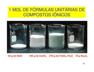 16
1 MOL DE FÓRMULAS UNITÁRIAS DE
COMPOSTOS IÔNICOS
58 g de NaCl 100 g de CaCO3 278 g de FeSO4.7H2O 78 g Na2O2
 