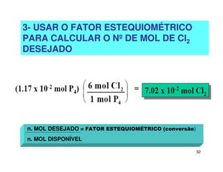32
3- USAR O FATOR ESTEQUIOMÉTRICO
PARA CALCULAR O Nº DE MOL DE Cl2
DESEJADO
n. MOL DESEJADO = FATOR ESTEQUIOMÉTRICO (conversão)
n. MOL DISPONÍVEL
 