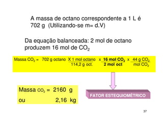 37
A massa de octano correspondente a 1 L é
702 g (Utilizando-se m= d.V)
Da equação balanceada: 2 mol de octano
produzem 16 mol de CO2
Massa CO2 = 702 g octano X 1 mol octano x 16 mol CO2 x 44 g CO2
114,2 g oct. 2 mol oct mol CO2
Massa CO2 = 2160 g
ou 2,16 kg
FATOR ESTEQUIOMÉTRICO
 