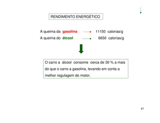 41
A queima da gasolina 11150 calorias/g
A queima do álcool 6650 calorias/g
RENDIMENTO ENERGÉTICO
O carro a álcool consome cerca de 30 % a mais
do que o carro a gasolina, levando em conta a
melhor regulagem do motor.
 