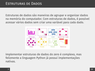 Estruturas de Dados
Estruturas de dados são maneiras de agrupar e organizar dados
na memória do computador. Com estruturas de dados, é possível
acessar vários dados sem criar uma variável para cada dado.
Implementar estruturas de dados do zero é complexo, mas
felizmente a linguagem Python já possui implementações
nativas.
2 29
 