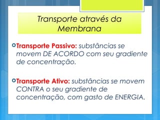 Transporte através da
Membrana
Transporte Passivo: substâncias se
movem DE ACORDO com seu gradiente
de concentração.
Transporte Ativo: substâncias se movem
CONTRA o seu gradiente de
concentração, com gasto de ENERGIA.
 