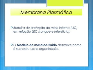 Membrana Plasmática
 Barreira de proteção do meio interno (LIC)
em relação LEC (sangue e interstício).
 O Modelo do mosaico-fluido descreve como
é sua estrutura e organização.
 