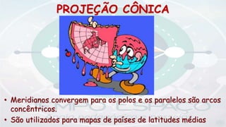 PROJEÇÃO CÔNICA
• Meridianos convergem para os polos e os paralelos são arcos
concêntricos.
• São utilizados para mapas de países de latitudes médias
 