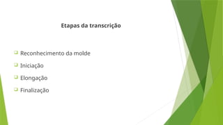 Etapas da transcrição
 Reconhecimento da molde
 Iniciação
 Elongação
 Finalização
 