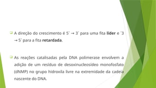  A direção do crescimento é 5´ 3´ para uma fita
→ líder e ´3
5´ para a fita
→ retardada.
 As reações catalisadas pela DNA polimerase envolvem a
adição de um resíduo de desoxinucleosídeo monofosfato
(dNMP) no grupo hidroxila livre na extremidade da cadeia
nascente do DNA.
 