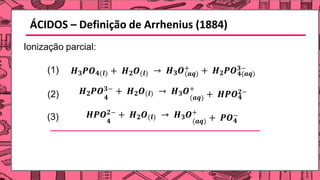 ÁCIDOS – Definição de Arrhenius (1884)
Ionização parcial:
𝑯𝟑𝑷𝑶𝟒(𝒍) + 𝑯𝟐𝑶(𝒍) (𝒂𝒒)
→ 𝑯𝟑𝑶+
𝟒(𝒂𝒒)
+ 𝑯𝟐𝑷𝑶𝟑−
𝑯𝟐𝑷𝑶𝟑− + 𝑯𝟐𝑶(𝒍) → 𝑯𝟑𝑶+
𝟒 (𝒂𝒒) 𝟒
+ 𝑯𝑷𝑶𝟐−
𝑯𝑷𝑶𝟐− + 𝑯𝟐𝑶(𝒍) → 𝑯𝟑𝑶+
𝟒 (𝒂𝒒) 𝟒
+ 𝑷𝑶−
(1)
(2)
(3)
 