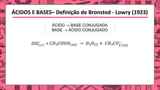 ÁCIDOS E BASES– Definição de Bronsted - Lowry (1923)
ÁCIDO → BASE CONJUGADA
BASE → ÁCIDO CONJUGADO
(𝑎𝑞)
𝑂𝐻−
2 (𝑎𝑞)
+ 𝐶𝐻3𝐶𝑂𝑂𝐻(𝑎𝑞) → 𝐻2𝑂(𝑙) + 𝐶𝐻3𝐶𝑂−
 
