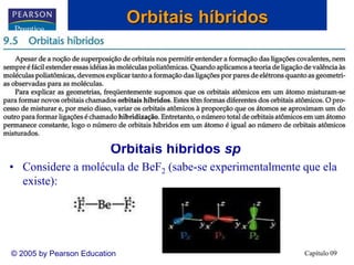 Capítulo 09
© 2005 by Pearson Education
Orbitais híbridos sp
• Considere a molécula de BeF2 (sabe-se experimentalmente que ela
existe):
Orbitais híbridos
 