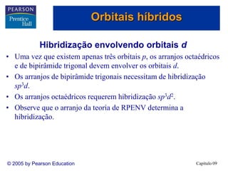 Capítulo 09
© 2005 by Pearson Education
Hibridização envolvendo orbitais d
• Uma vez que existem apenas três orbitais p, os arranjos octaédricos
e de bipirâmide trigonal devem envolver os orbitais d.
• Os arranjos de bipirâmide trigonais necessitam de hibridização
sp3d.
• Os arranjos octaédricos requerem hibridização sp3d2.
• Observe que o arranjo da teoria de RPENV determina a
hibridização.
Orbitais híbridos
 