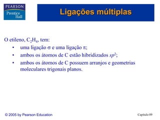 Capítulo 09
© 2005 by Pearson Education
O etileno, C2H4, tem:
• uma ligação  e uma ligação ;
• ambos os átomos de C estão hibridizados sp2;
• ambos os átomos de C possuem arranjos e geometrias
moleculares trigonais planos.
Ligações múltiplas
 
