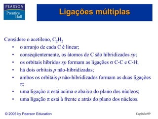 Capítulo 09
© 2005 by Pearson Education
Considere o acetileno, C2H2
• o arranjo de cada C é linear;
• conseqüentemente, os átomos de C são hibridizados sp;
• os orbitais híbridos sp formam as ligações  C-C e C-H;
• há dois orbitais p não-hibridizadas;
• ambos os orbitais p não-hibridizados formam as duas ligações
;
• uma ligação  está acima e abaixo do plano dos núcleos;
• uma ligação  está à frente e atrás do plano dos núcleos.
Ligações múltiplas
 