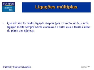 Capítulo 09
© 2005 by Pearson Education
• Quando são formadas ligações triplas (por exemplo, no N2), uma
ligação  está sempre acima e abaixo e a outra está à frente e atrás
do plano dos núcleos.
Ligações múltiplas
 