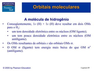 Capítulo 09
© 2005 by Pearson Education
A molécula de hidrogênio
• Conseqüentemente, 1s (H) + 1s (H) deve resultar em dois OMs
para o H2:
• um tem densidade eletrônica entre os núcleos (OM ligante);
• um tem pouca densidade eletrônica entre os núcleos (OM
antiligante).
• Os OMs resultantes de orbitais s são orbitais OMs .
• O OM  (ligante) tem energia mais baixa do que OM *
(antiligante).
Orbitais moleculares
 