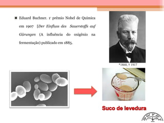 Eduard Buchner. 1o
prêmio Nobel de Química
em 1907 [Der Einfluss des Sauerstoffs auf
Gärungen (A influência do oxigênio na
fermentação) publicado em 1885.
*1860, † 1917
 