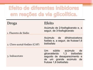 Droga Efeito
1. Fluoreto de Sódio
2. Cloro-acetal-fosfato (CAP)
3. Iodoacetato
Acúmulo de 2-fosfoglicerato e, a
seguir, de 3-fosfoglicerato
Acúmulo de dihidroxicetona
fosfato e, a seguir, de frutose1,6
bisfosfato
Um súbito acúmulo de
gliceraldeído 1,3 bisfosfato
seguido de desaparecimento e
de um grande acúmulo de
frutose 1,6 bisfosfato
 
