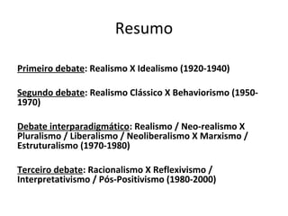 Resumo

Primeiro debate: Realismo X Idealismo (1920-1940)

Segundo debate: Realismo Clássico X Behaviorismo (1950-
1970)

Debate interparadigmático: Realismo / Neo-realismo X
Pluralismo / Liberalismo / Neoliberalismo X Marxismo /
Estruturalismo (1970-1980)

Terceiro debate: Racionalismo X Reflexivismo /
Interpretativismo / Pós-Positivismo (1980-2000)
 