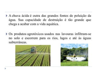 🞂 A chuva ácida é outra das grandes fontes de poluição da
água. Sua capacidade de destruição é tão grande que
chega a acabar com a vida aquática.
🞂 Os produtos agrotóxicos usados nas lavouras infiltram-se
no solo e escorrem para os rios, lagos e até às águas
subterrâneas.
 