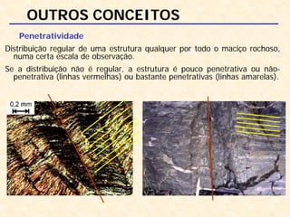 OUTROS CONCEITOS
Penetratividade
Distribuição regular de uma estrutura qualquer por todo o maciço rochoso,
numa certa escala de observação.
Se a distribuição não é regular, a estrutura é pouco penetrativa ou não-
penetrativa (linhas vermelhas) ou bastante penetrativas (linhas amarelas).
 