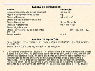 TABELA DE DEFINIÇÕES
Nome Definição
Uma componente do stress principal sii ou si
Alguma componente do stress sij
Stress diferencial sd = s1 - s3
Stress de cisalhamento máximo
Stress litostático SH = Sh = Sv
Pressão hidrostática Pp = Pp = Pp
Stress significativo
Stress deviatório (3 componentes) sm - s1, sm - s2,
sm - s3
Stress efetivo si - Pp
TABELA DE EQUAÇÕES
Pp = rH2Ogz Sv = rrockgz ; if rrock = 2.5 x 103 kg/m3, g = 9.8 m/sec2,
z = 103 m;
então Sv = 2.5 x 105 kg/m-sec2 = 25 MPa/km
• O gradiente geotérmico (dT/dz T=Temperatura e z=profundidade) na crosta
é cerca de 20°C/km. O gradiente pode variar de 10°C/km a 40°C/km em um
terreno glaucofana-xisto. O baixo gradiente geotérmico pode ocorrer nas
vizinhanças de rocha cristalina com cavalgamentos onde a crosta fria é
rebaixada. Altos gradientes ocorrem em regiões de intrusão magmática.
Fluxos de calor (q) na superfície é uma indicação de gradiente geotérmico
contanto que condutividade térmica (K) da crosta seja baixa q = K(dT/dz).
 