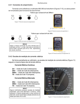 2.4.1 Conexões do amperímetro
Tomando como referência o multímetro MD-380 da Instrutherm (Figuras 7-10), os cabos podem
ser encaixados para funcionar de duas formas:
10 A mA COM V
Figura 7: Ponto de encaixe do amperímetro
Figura 8: Ponto de encaixe do amperímtro 1.
Valores que variam de 0 até 200mA
Valores que variam de 0 até 10A
10 A mA COM V
Figura 9: Ponto de encaixe do amperímetro 2
Figura 10: Ponto de encaixe do amperímtro 2a
DICA 6
Utilizar a mesma convenção de cores indicada para o
voltiímetro na Dica 1, ou seja, cabo preto ou azul para o
borne COM e vermelho para mA ou 10A, dependendo
da escala escolhida.
2.4.2 Escalas de medição de corrente elétrica
De forma semelhante ao voltímetro, as escalas de medição de corrente elétrica (Figura 11)
seguem a mesma lógica das de tensão elétrica.
Corrente Elétrica Contínua
2m – mede de 0 até 2 miliamperes;
20m - mede de 0 até 20 miliamperes;
200m – mede de 0 até 200 miliamperes;
10 – mede de 0 até 10 amperes.
Corrente Elétrica Alternada
20m - mede de 0 até 20 miliamperes;
200m – mede de 0 até 200 miliamperes
10 – mede de 0 até 10 ampères.
DICA 7
Alguns multímetros possuem escalas de medição
separadas, para sinal alternado e contínuo, outro
possuem a mesma escala para o sinal contínuo e
alternado, sendo sendo feita a seleção através de um
botão que indica, AC ou DC.
6ClifsonRolembergAndrade
( + ) ( - )
( + )
( - )
Figura 11: Faixas de medição do amperímetro.
10
10
 