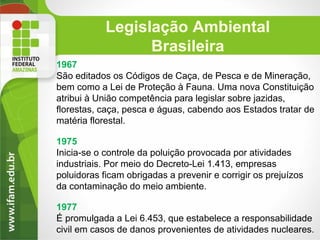 Legislação Ambiental
Brasileira
1967
São editados os Códigos de Caça, de Pesca e de Mineração,
bem como a Lei de Proteção à Fauna. Uma nova Constituição
atribui à União competência para legislar sobre jazidas,
florestas, caça, pesca e águas, cabendo aos Estados tratar de
matéria florestal.
1975
Inicia-se o controle da poluição provocada por atividades
industriais. Por meio do Decreto-Lei 1.413, empresas
poluidoras ficam obrigadas a prevenir e corrigir os prejuízos
da contaminação do meio ambiente.

1977
É promulgada a Lei 6.453, que estabelece a responsabilidade
civil em casos de danos provenientes de atividades nucleares.

 