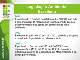Legislação Ambiental
Brasileira
2001
É sancionado o Estatuto das Cidades (Lei 10.257), que dota
o ente municipal de mecanismos visando permitir que seu
desenvolvimento não ocorra em detrimento do meio
ambiente.
2002
É editada a Lei no 10.410 de 11/01/2001, que cria e disciplina
a carreira de Especialista em Meio Ambiente.
2002
É publicado o Decreto no 4.293 de 02/07/2002, que
regulamenta o §1º do art. 1º da Lei 10.410 , que cria e
disciplina a carreira de Especialista em Meio Ambiente e da
outras providências.

 