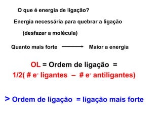 OL = Ordem de ligação =
1/2( # e- ligantes – # e- antiligantes)
> Ordem de ligação = ligação mais forte
O que é energia de ligação?
Energia necessária para quebrar a ligação
(desfazer a molécula)
Quanto mais forte Maior a energia
 