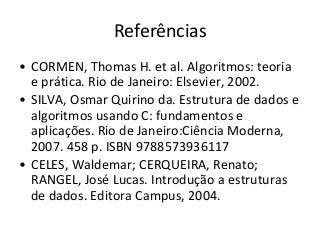Referências
• CORMEN, Thomas H. et al. Algoritmos: teoria
e prática. Rio de Janeiro: Elsevier, 2002.
• SILVA, Osmar Quirino da. Estrutura de dados e
algoritmos usando C: fundamentos e
aplicações. Rio de Janeiro:Ciência Moderna,
2007. 458 p. ISBN 9788573936117
• CELES, Waldemar; CERQUEIRA, Renato;
RANGEL, José Lucas. Introdução a estruturas
de dados. Editora Campus, 2004.

 