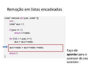 Remoção em listas encadeadas
Lista* remove (int pos, Lista* l){
int i ;
Lista* aux = l;
if (pos == 1)
return l->resto;
for (i=2; i < pos; i++)
aux = aux->resto;
aux->resto = aux->resto->resto;
return l;
}

Faço ele
apontar para o
sucessor do seu
sucessor.

 