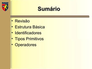 • Revisão
• Estrutura Básica
• Identificadores
• Tipos Primitivos
• Operadores
Sumário
Sumário
 