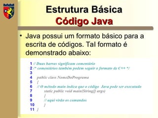 Estrutura Básica
Estrutura Básica
Código Java
Código Java
• Java possui um formato básico para a
escrita de códigos. Tal formato é
demonstrado abaixo:
 
