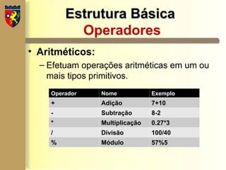 Estrutura Básica
Estrutura Básica
Operadores
• Aritméticos:
– Efetuam operações aritméticas em um ou
mais tipos primitivos.
Operador Nome Exemplo
+ Adição 7+10
- Subtração 8-2
* Multiplicação 0.27*3
/ Divisão 100/40
% Módulo 57%5
 