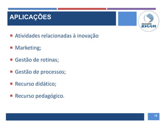  Atividades relacionadas à inovação
 Marketing;
 Gestão de rotinas;
 Gestão de processos;
 Recurso didático;
 Recurso pedagógico.
12
APLICAÇÕES
 