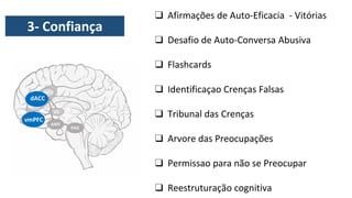 ❑ Afirmações de Auto-Eficacia - Vitórias
❑ Desafio de Auto-Conversa Abusiva
❑ Flashcards
❑ Identificaçao Crenças Falsas
❑ Tribunal das Crenças
❑ Arvore das Preocupações
❑ Permissao para não se Preocupar
❑ Reestruturação cognitiva
3- Confiança
vmPFC
dACC
 