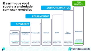 Técnicas
Relaxamento
Pensamentos
negativos
Preocupações Crenças Ações Sem
recaídas
Profissionais
É assim que você
supera a ansiedade
sem usar remédios
PENSAMENTOS
SENSAÇÕES
COMPORTAMENTOS
 