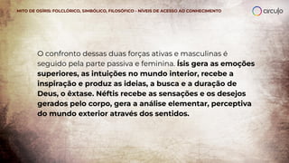 O confronto dessas duas forças ativas e masculinas é
seguido pela parte passiva e feminina. Ísis gera as emoções
superiores, as intuições no mundo interior, recebe a
inspiração e produz as ideias, a busca e a duração de
Deus, o êxtase. Néftis recebe as sensações e os desejos
gerados pelo corpo, gera a análise elementar, perceptiva
do mundo exterior através dos sentidos.
MITO DE OSÍRIS: FOLCLÓRICO, SIMBÓLICO, FILOSÓFICO - NÍVEIS DE ACESSO AO CONHECIMENTO
 